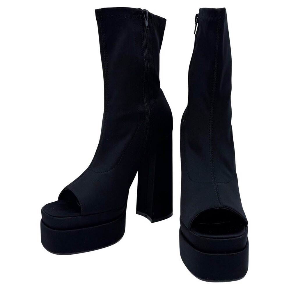 NIB Black Platform Open Toe Chunky Heel Lug Sole Casual Sexy Ankle Boots 10 - Picture 12 of 16